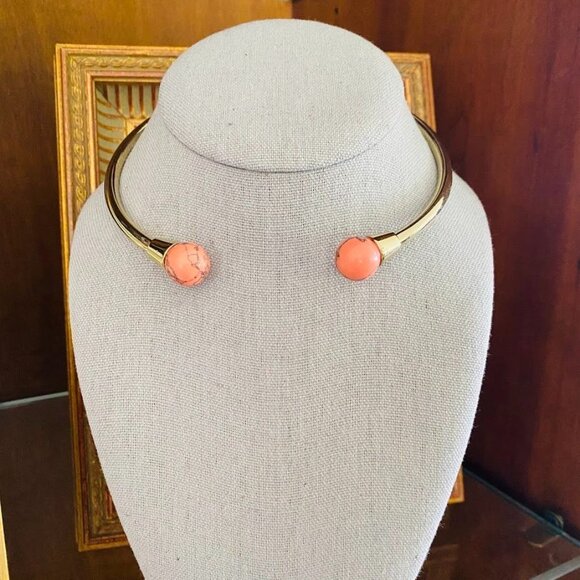 Coral Howlite Beaded Choker Necklace – Gold Tone Open Collar – Modern Statement - Picture 3 of 6